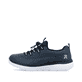 Blaue vegane Rieker Damen Slipper M5069-12 mit Gummizug sowie flexibler Sohle. Schuh Außenseite.
