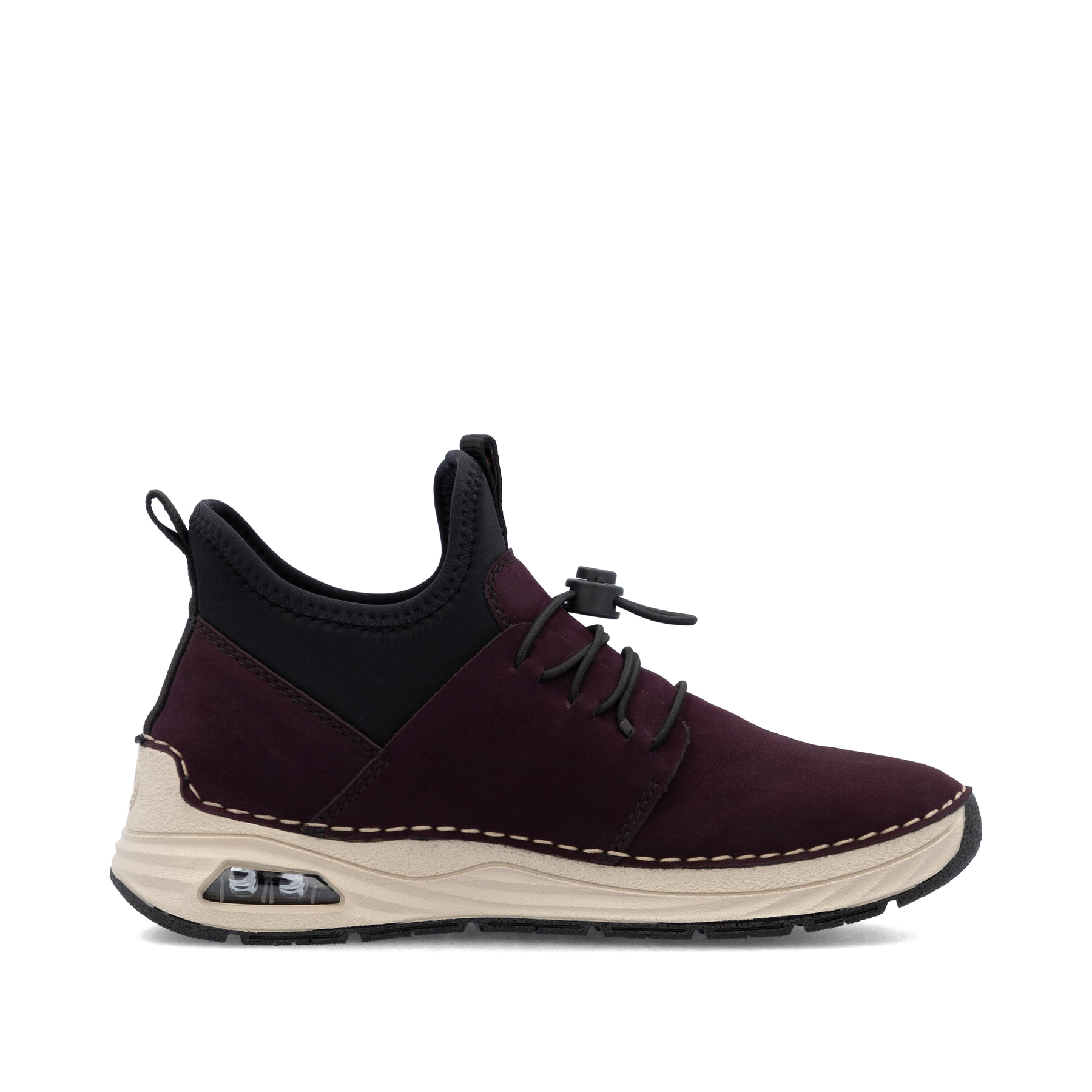 Rotschwarze Rieker Damen Slipper 44560-30 mit Rieker Air Sohlenfenster. Schuh Innenseite.