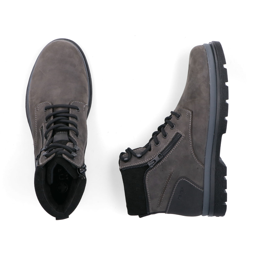 Bottes à lacets Rieker grises pour homme 32312-42 en cuir suédé. Chaussure vue de dessus, couchée.