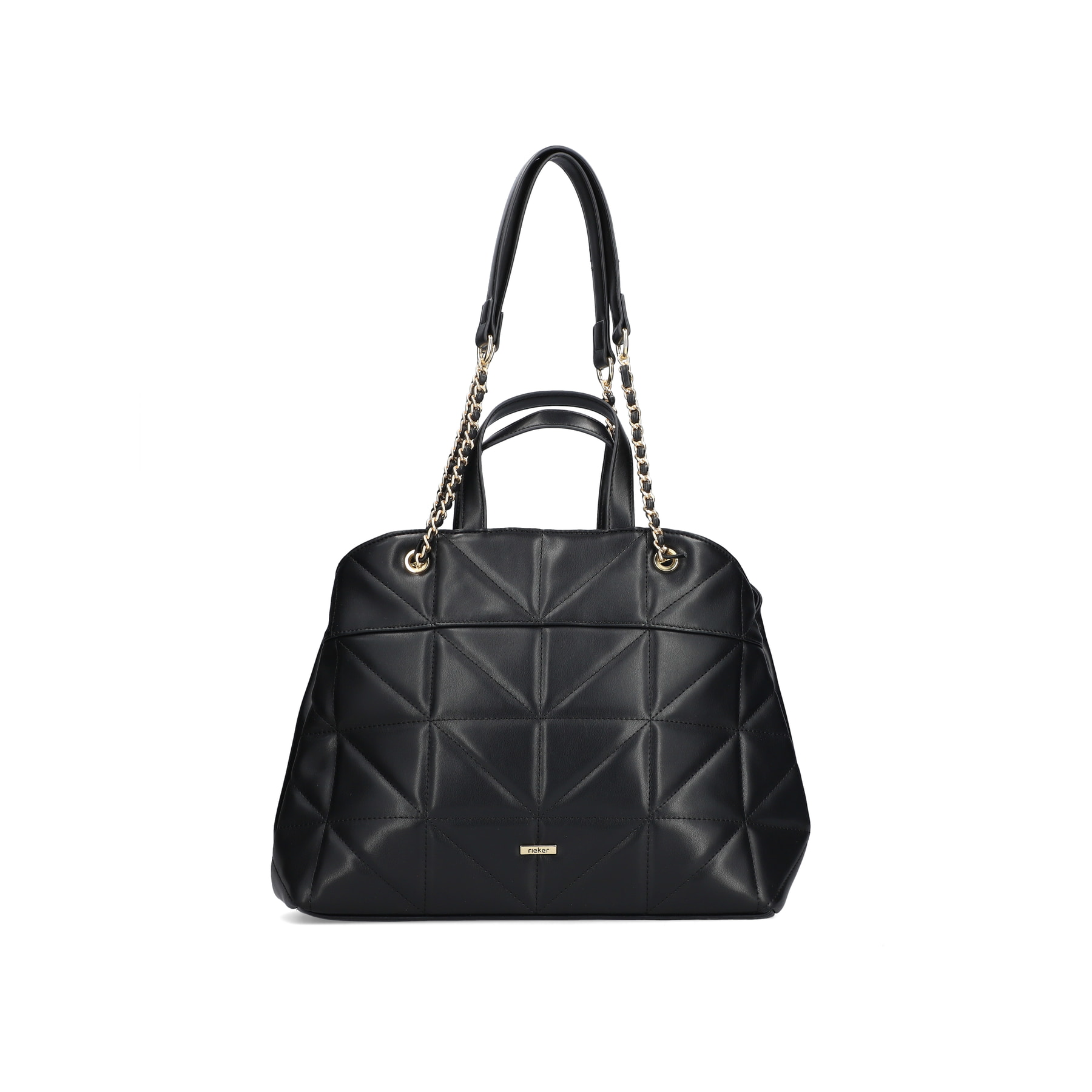 Rieker Shopper H1610-00 in Schwarz mit goldener verflochtener Kette, Reißverschluss und Innenfach. Vorderseite.
