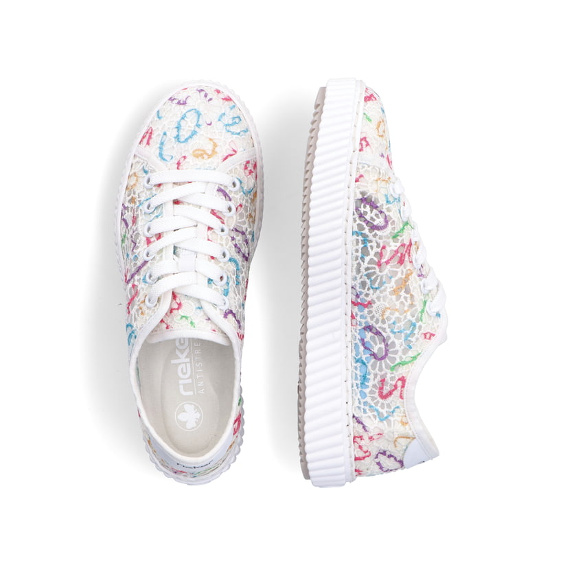 Bunte vegane Rieker Damen Sneaker Low M3926-90 mit einer Schnürung. Schuh von oben, liegend.