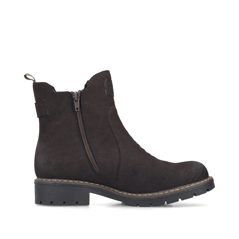Dunkelbraune Rieker Damen Chelsea Boots Y9160-25 mit einem Reißverschluss. Schuh Innenseite.