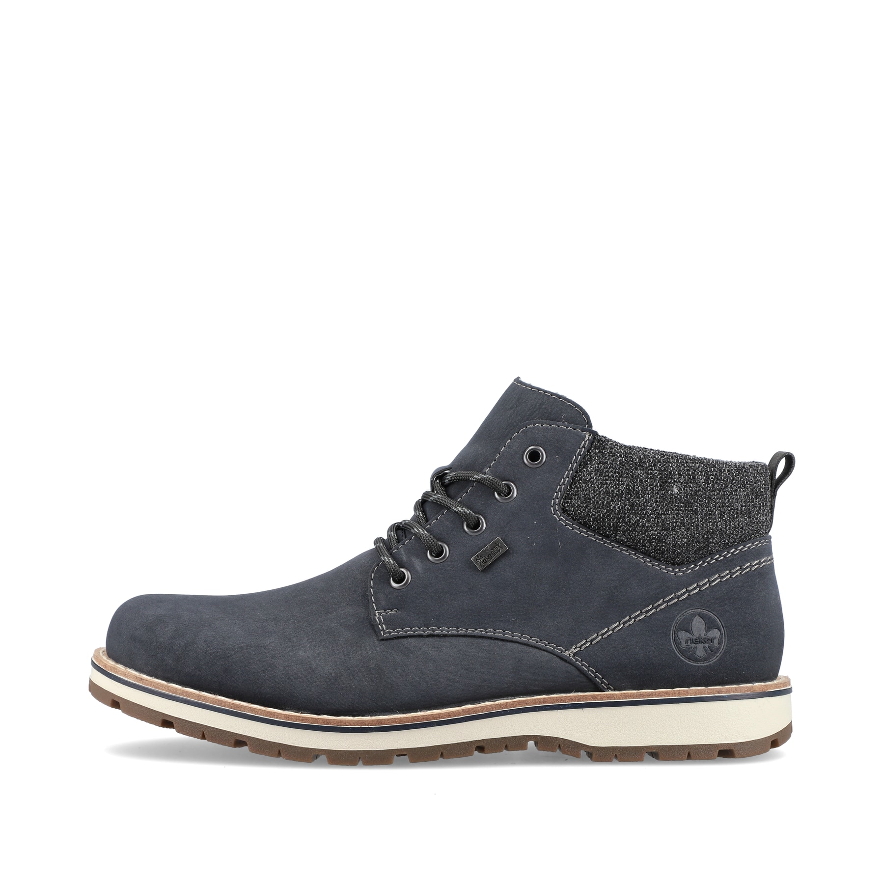 Pazifikblaue Rieker Herren Schnürstiefel 38419-16 mit einer robusten Profilsohle. Schuh Außenseite