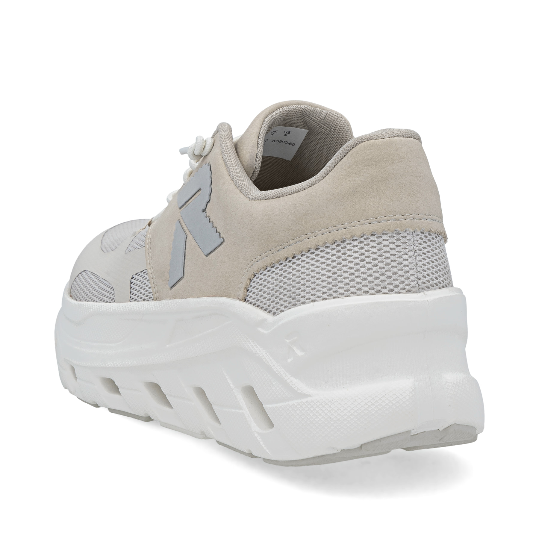 Beige Rieker Damen Sneaker Low W3500-60 mit Schnürung sowie ultraleichter Sohle. Schuh von hinten.