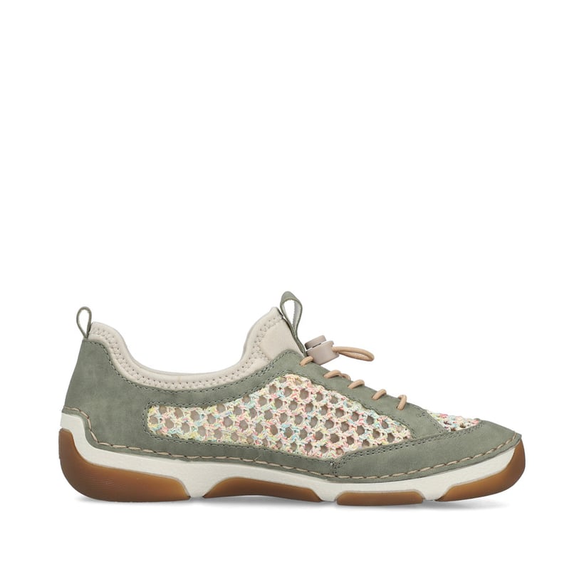 Grüne Rieker Damen Slipper 55960-52 mit Gummizug sowie extra weicher Decksohle. Schuh Innenseite.