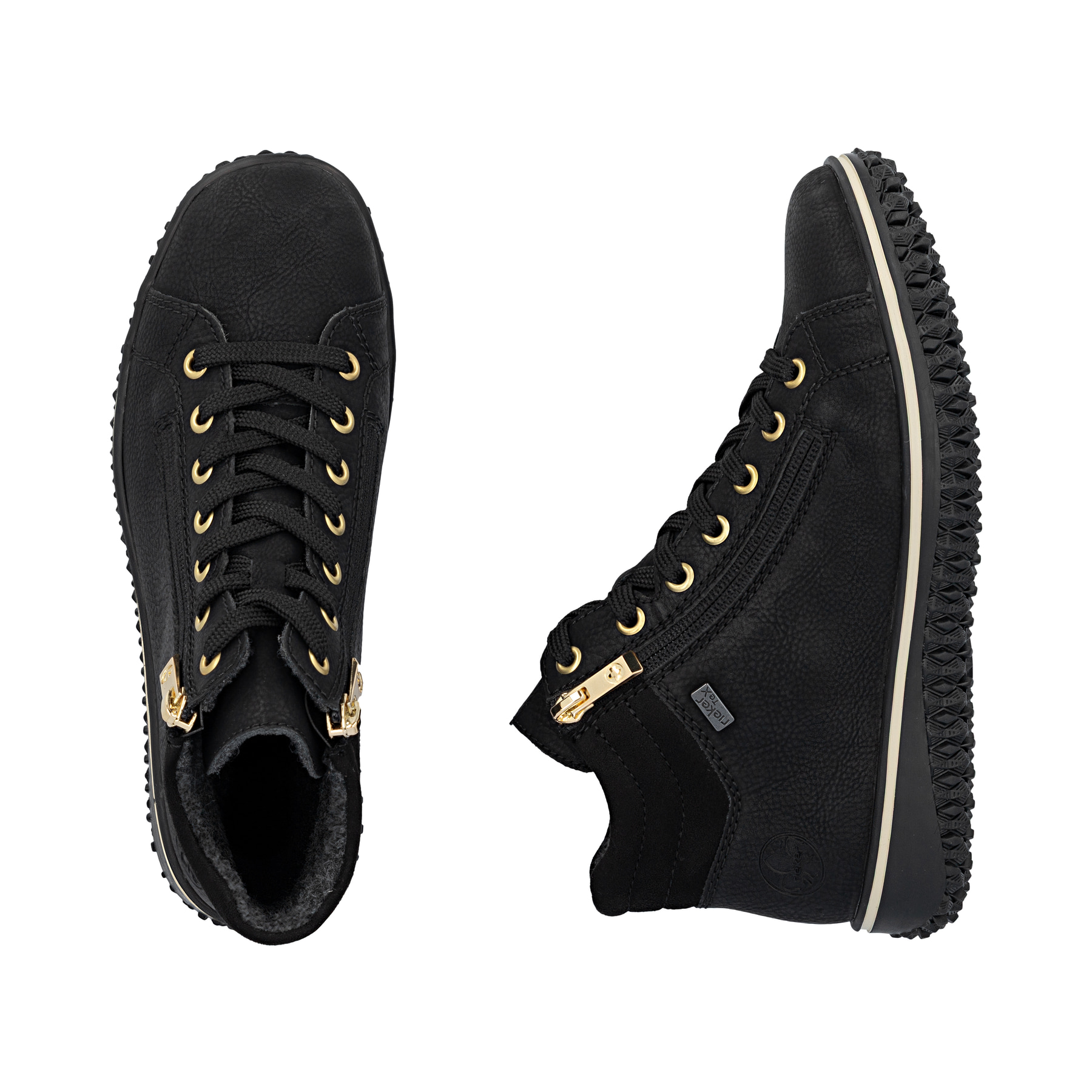 Schwarze Rieker Damen Schnürstiefel Z4263-00 mit wasserabweisender TEX-Membran. Schuh von oben, liegend.