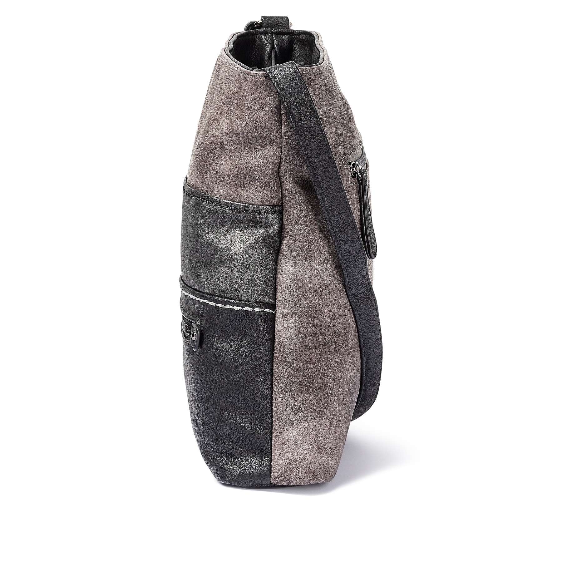 Sac bandoulière Rieker H1301-45 en gris avec finition métallisée, fermeture éclair et poche pour téléphone portable. Côté droit.