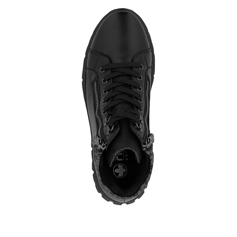 Schwarze Rieker Damen Schnürstiefel N1305-00 aus Glattleder. Schuh von oben.