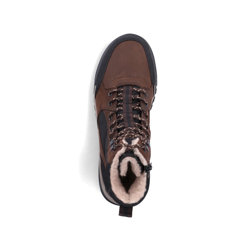 Braun-schwarze Rieker Herren Schnürstiefel U1510-25 mit Fiber-Grip Sohle. Schuh von oben.