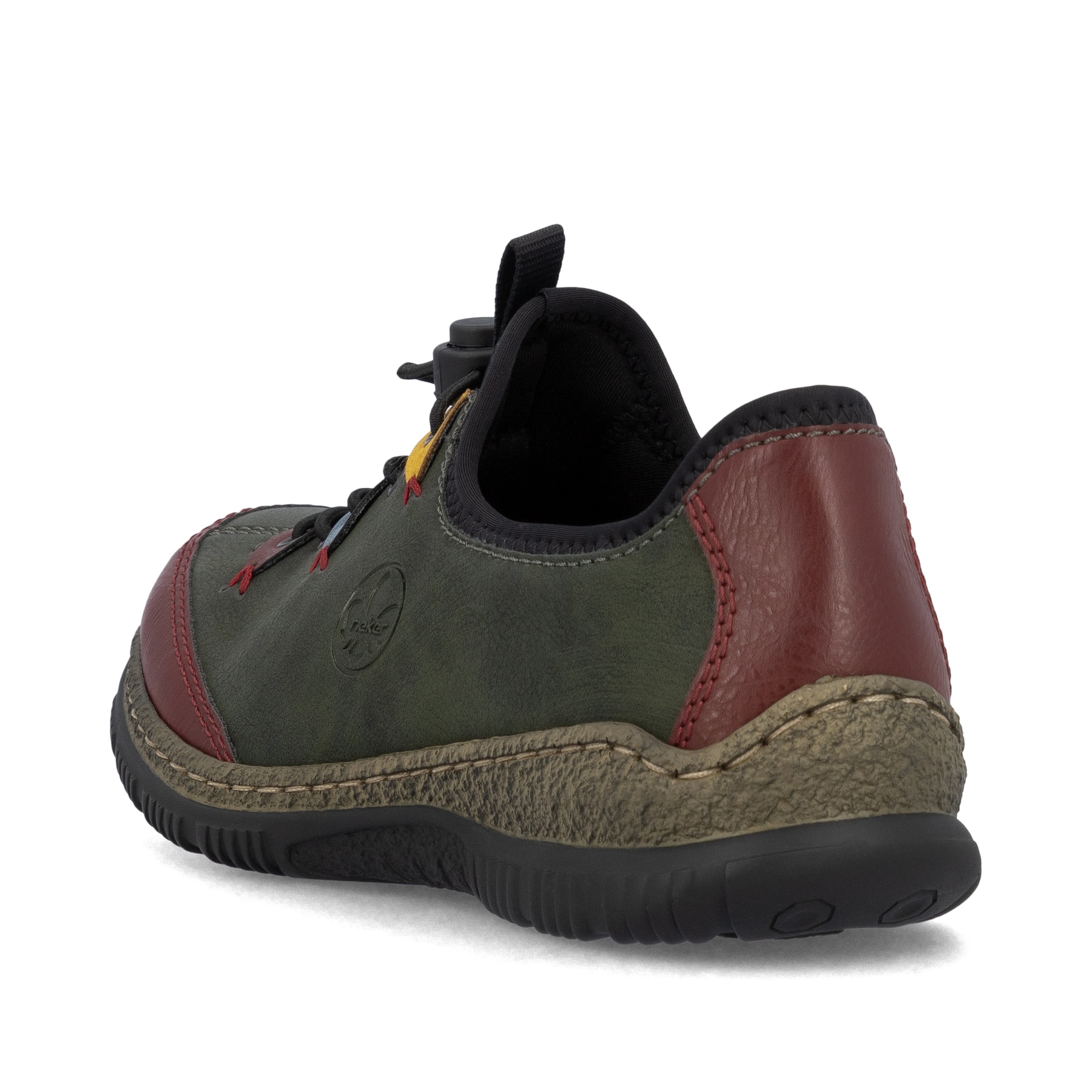 Dunkelgrüne Rieker Damen Slipper N3271-54 mit farbenfrohen Details. Schuh von hinten.