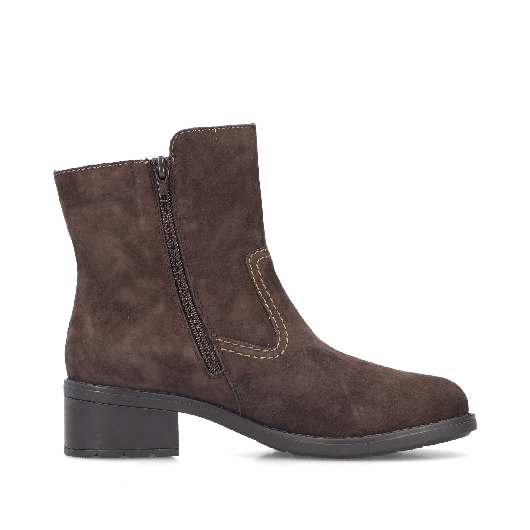 Dunkelbraune Rieker Damen Kurzstiefel 75460-24 aus Rauleder mit Reißverschluss. Schuh Innenseite.