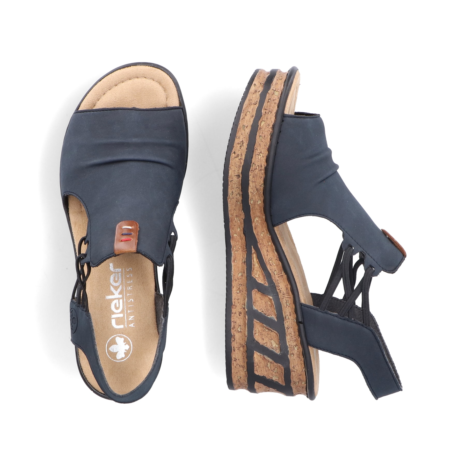 Blaue Rieker Keilsandaletten 68175-14 mit modischen Raffungen sowie Gummizug. Schuh von oben, liegend.