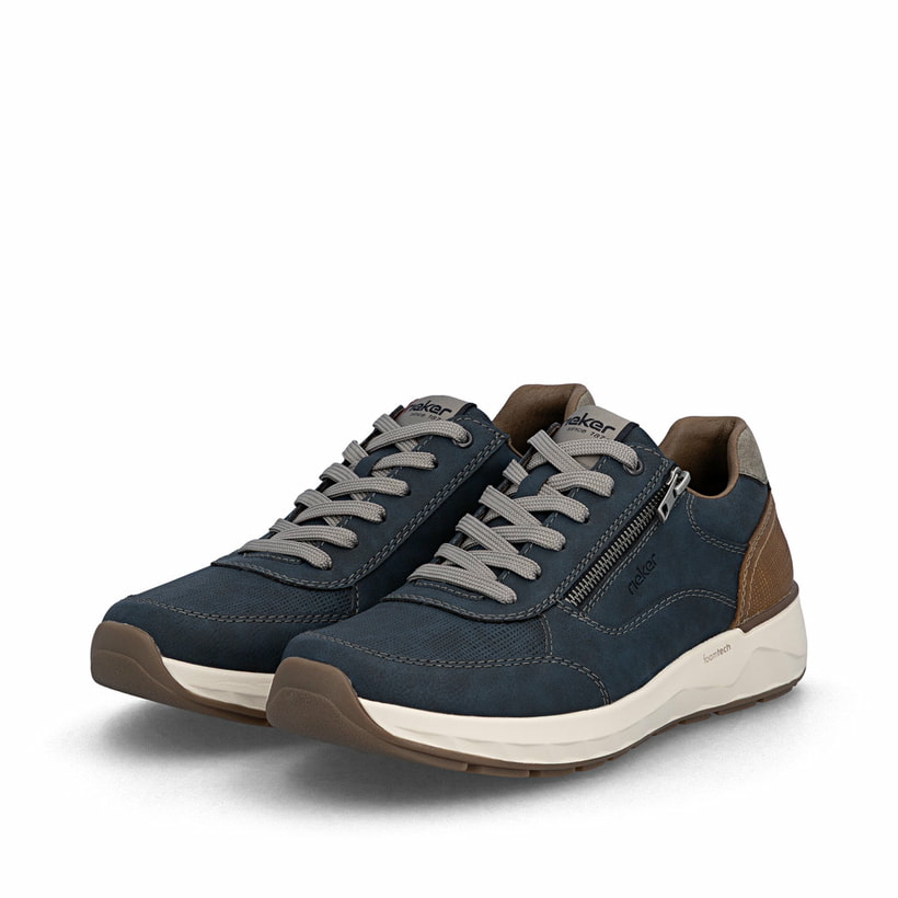 Blaue Rieker Herren Sneaker Low 11504-14 mit Reißverschluss sowie Extraweite H. Schuhpaar seitlich schräg.