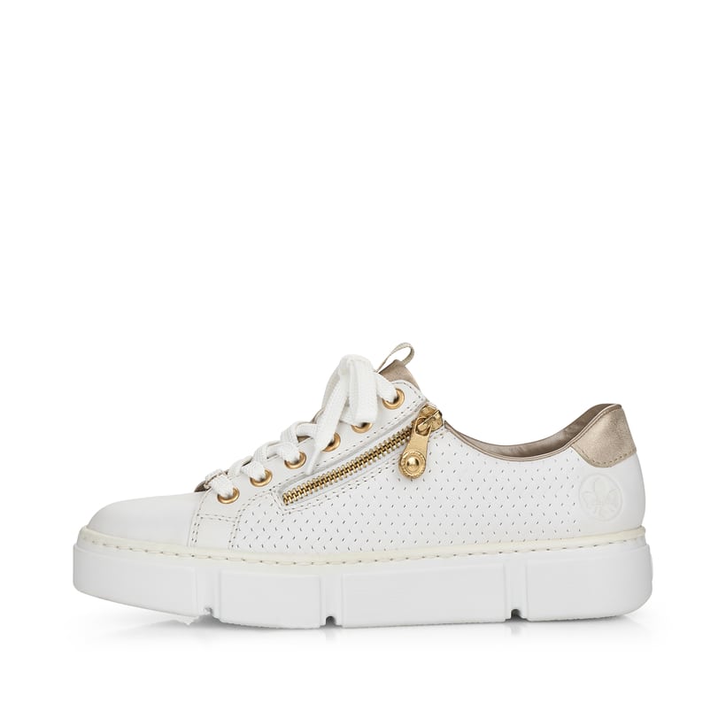 Weiße Rieker Damen Sneaker Low N5932-80 mit einem Reißverschluss. Schuh Außenseite.