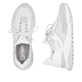 Weiße Rieker Damen Slipper W2503-80 mit Gummizug sowie einer flexiblen Sohle. Schuh von oben, liegend.