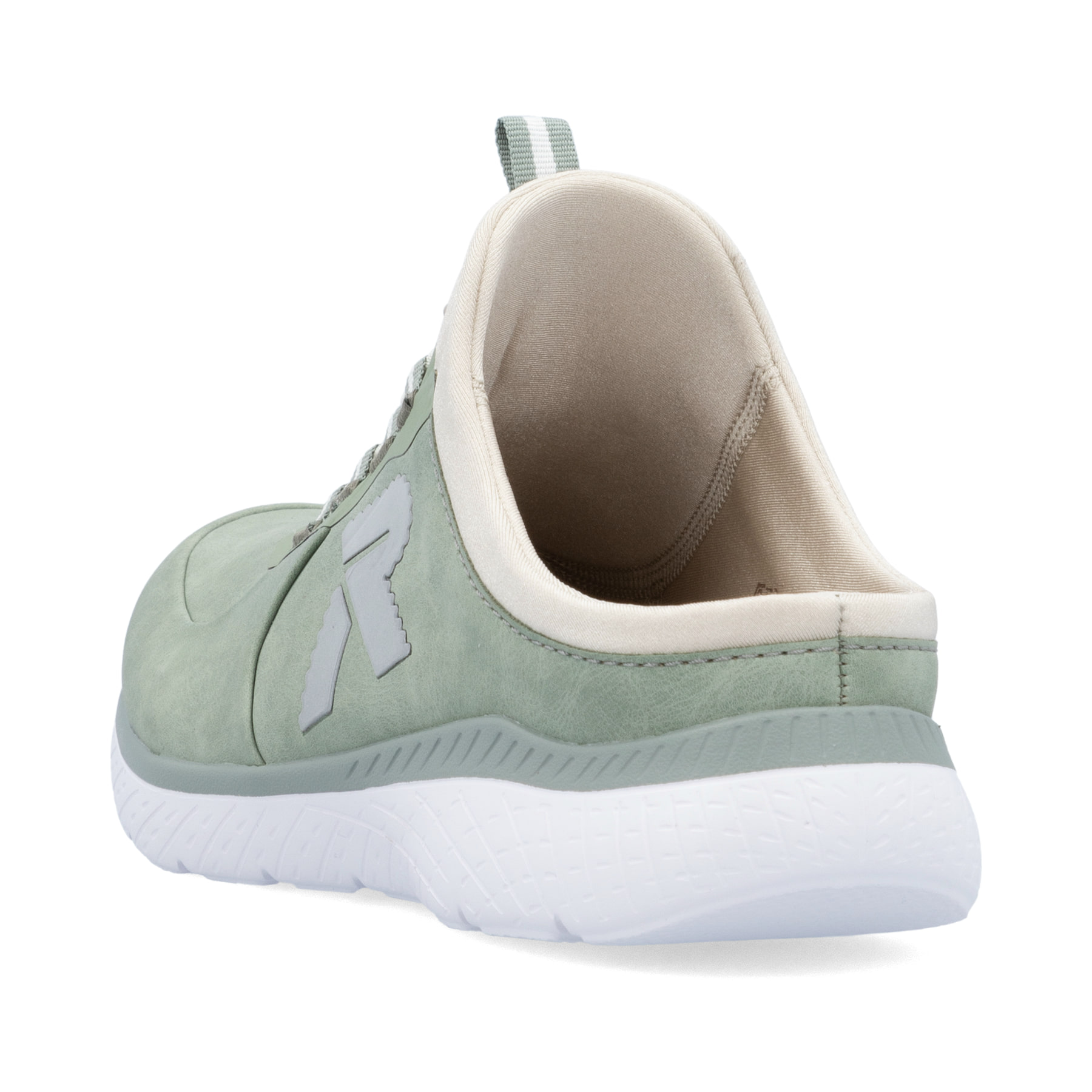 Grüne Rieker Damen Clogs M5056-52 mit einem Gummizug sowie einer flexiblen Sohle. Schuh von hinten.