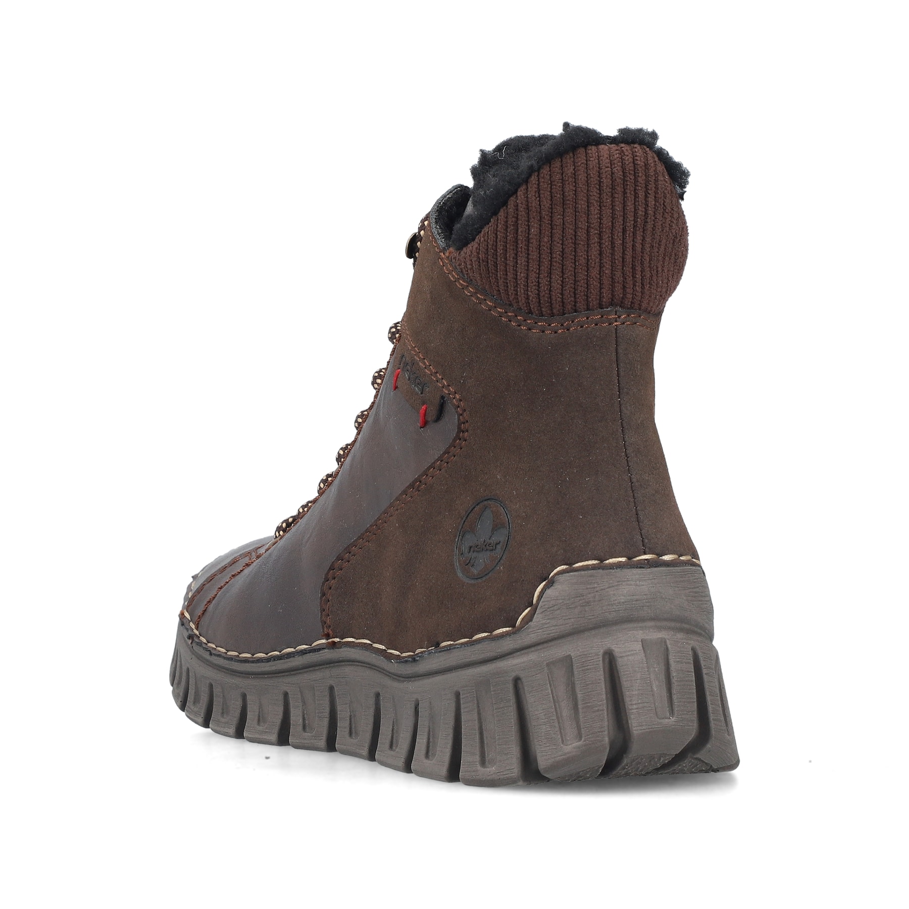Dunkelbraune Rieker Damen Schnürstiefel 57512-25 mit einem Reißverschluss. Schuh von hinten.