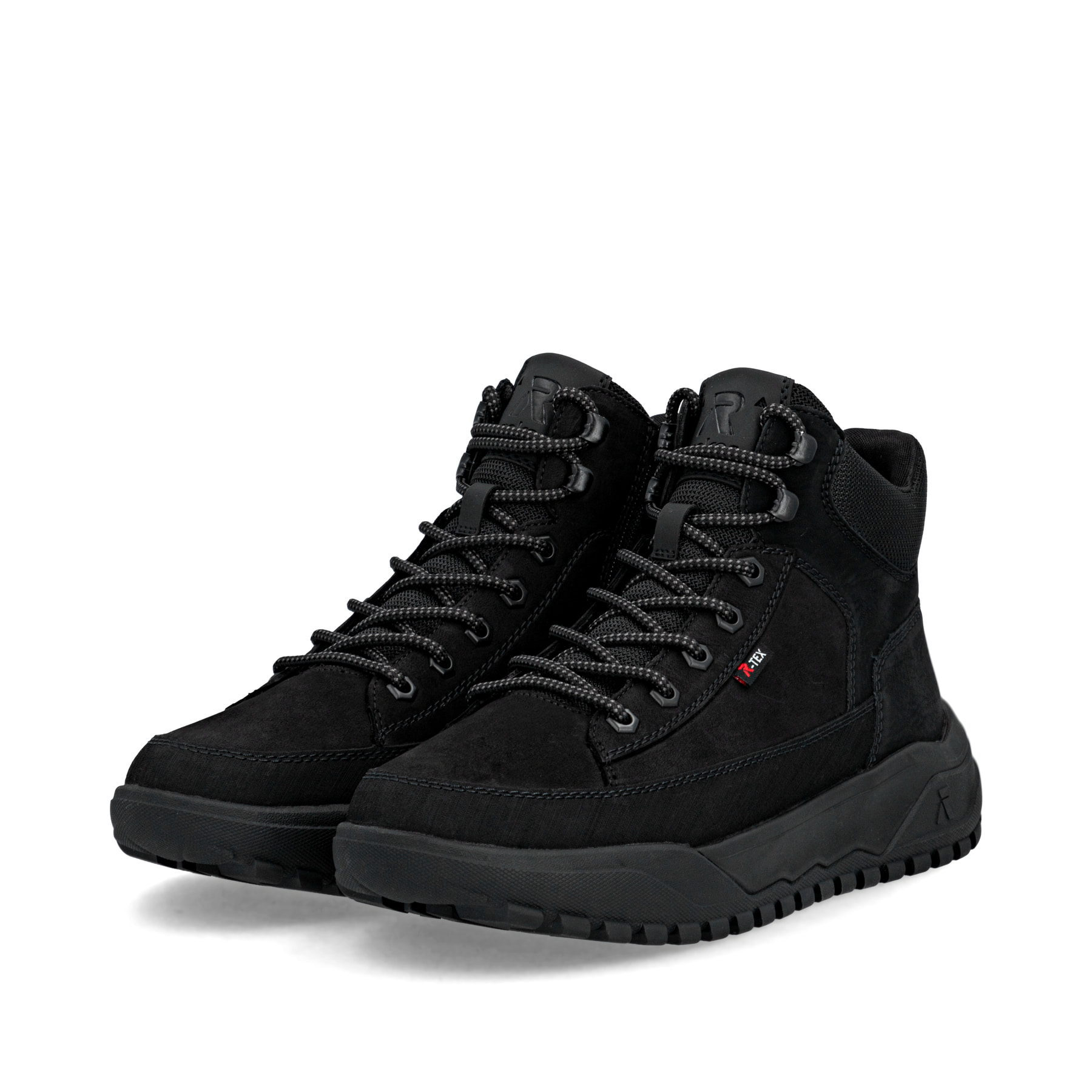 Schwarze Rieker Herren Schnürstiefel U1571-00 mit wasserabweisender TEX-Membran. Schuhpaar seitlich schräg.