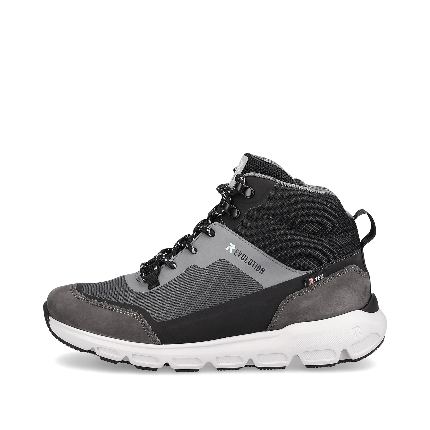 Graue Rieker Damen Sneaker High 40460-45 mit wasserabweisender TEX-Membran. Schuh Außenseite.