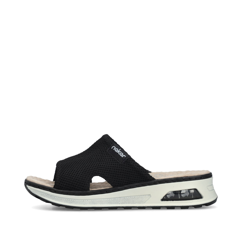 Schwarze vegane Rieker Damen Pantoletten 65651-00 mit Rieker Air Sohlenfenster. Schuh Außenseite.
