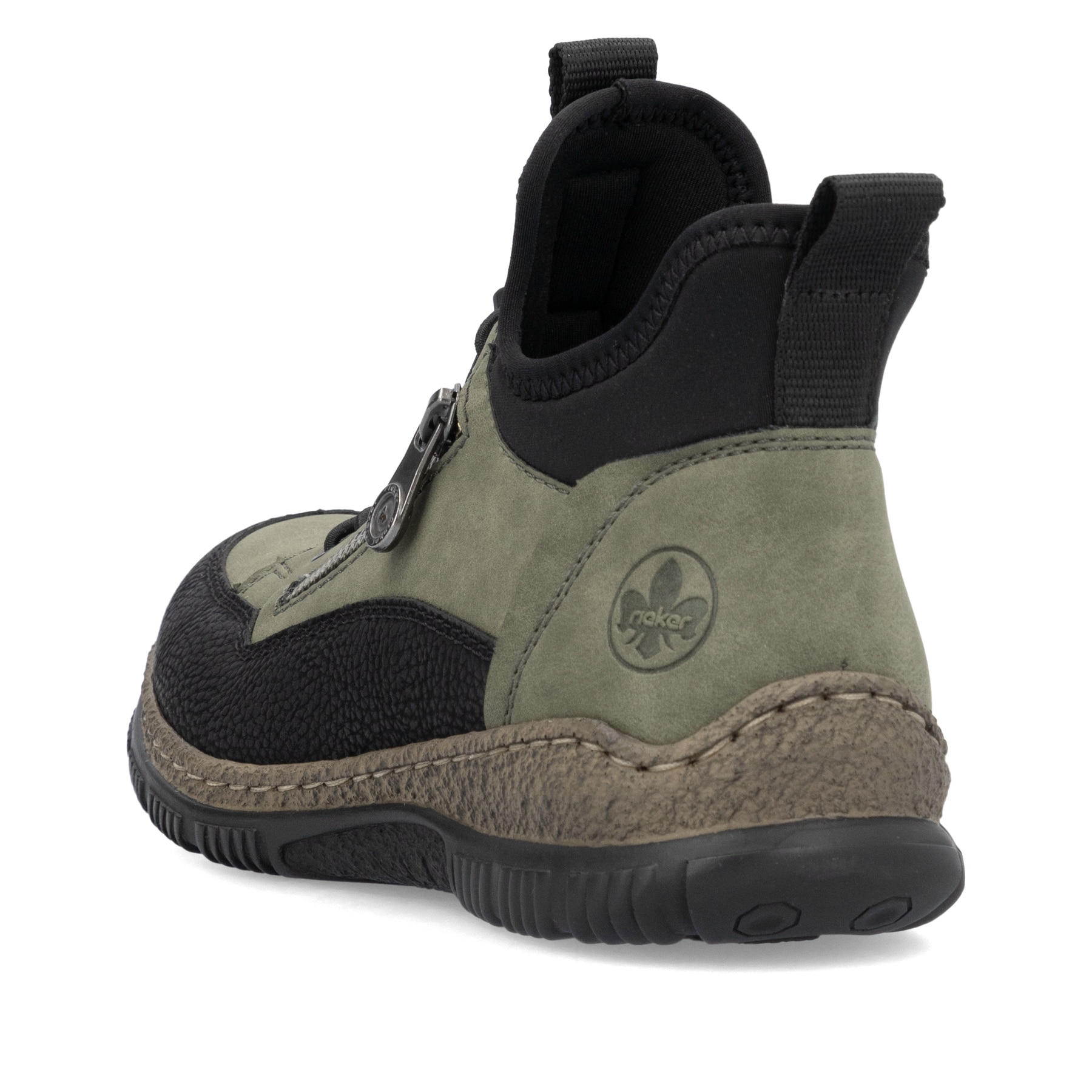 Kaktusgrüne Rieker Damen Slipper N32G3-54 mit einer Gummischnürung. Schuh von hinten.