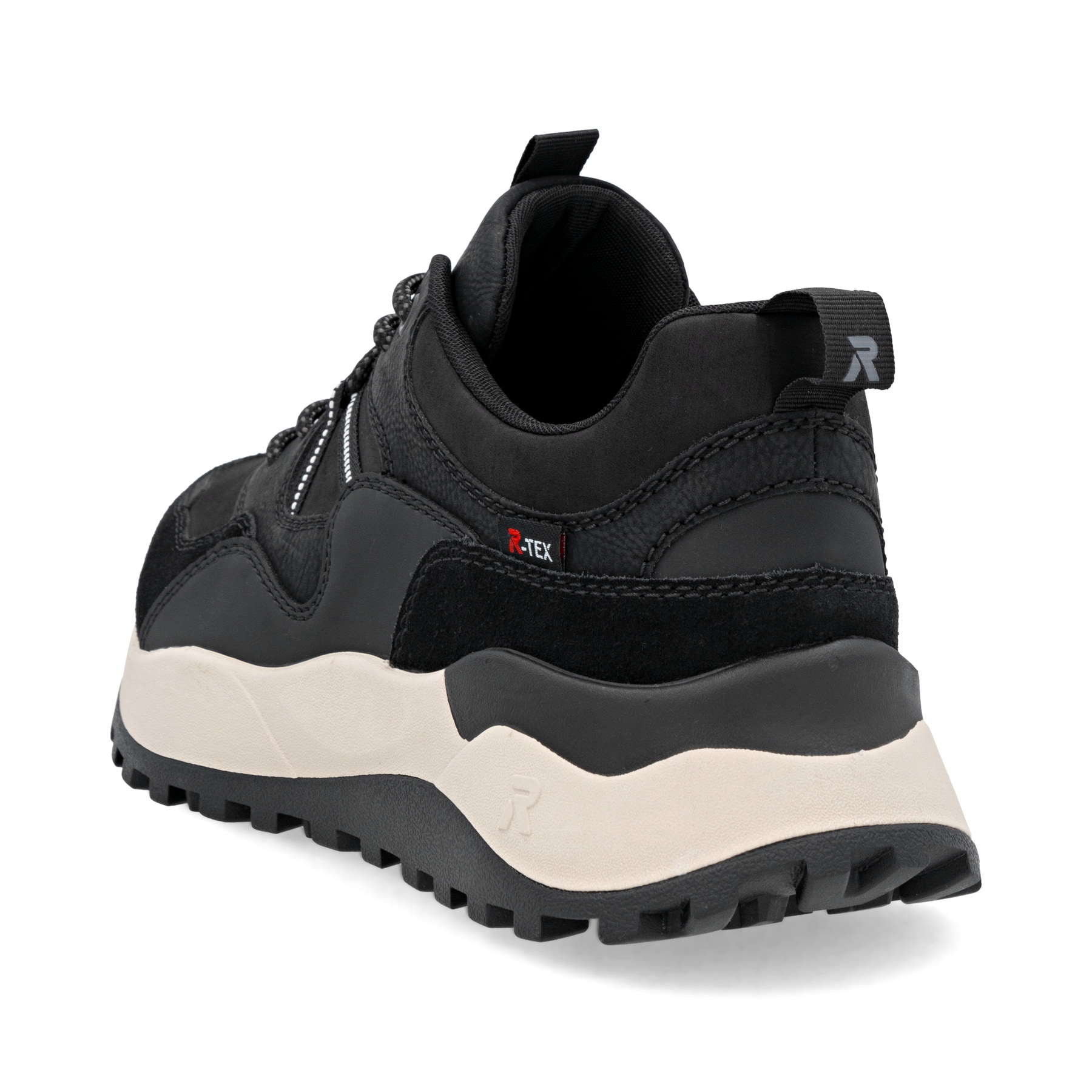 Baskets basses Rieker noires pour homme U1301-02 avec membrane RiekerTEX. Chaussure vue de l'arrière.