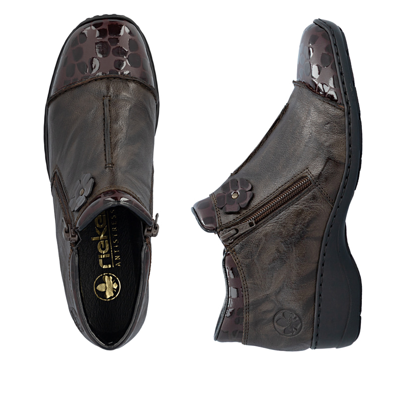 Dunkelbraune Rieker Damen Kurzstiefel 58388-26 aus Glattleder. Schuh von oben, liegend.