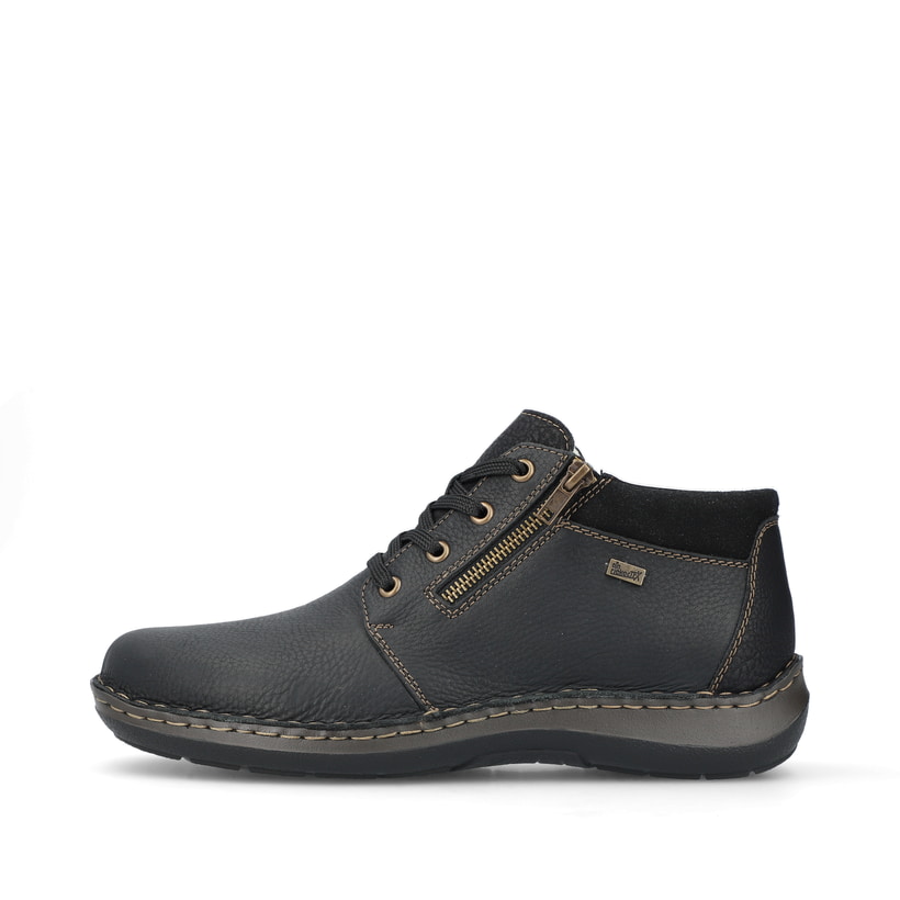 
Asphaltschwarze Rieker Herren Schnürschuhe 03043-00 mit Schnürung und Reißverschluss. Schuh Außenseite