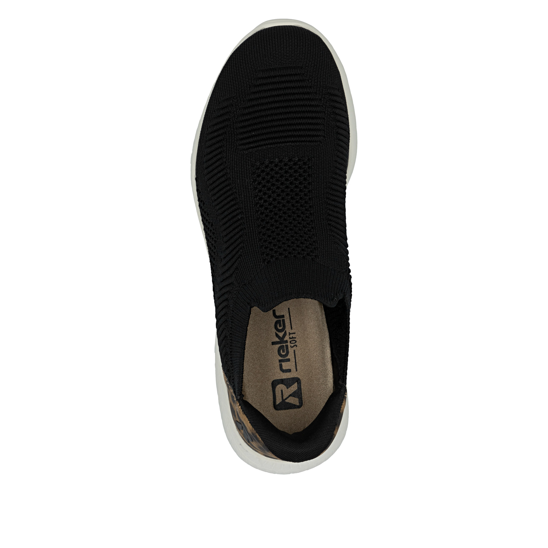 Schwarze Rieker Damen Sneaker Low M5072-01 mit Leo-Print sowie einem Gummizug. Schuh von oben.