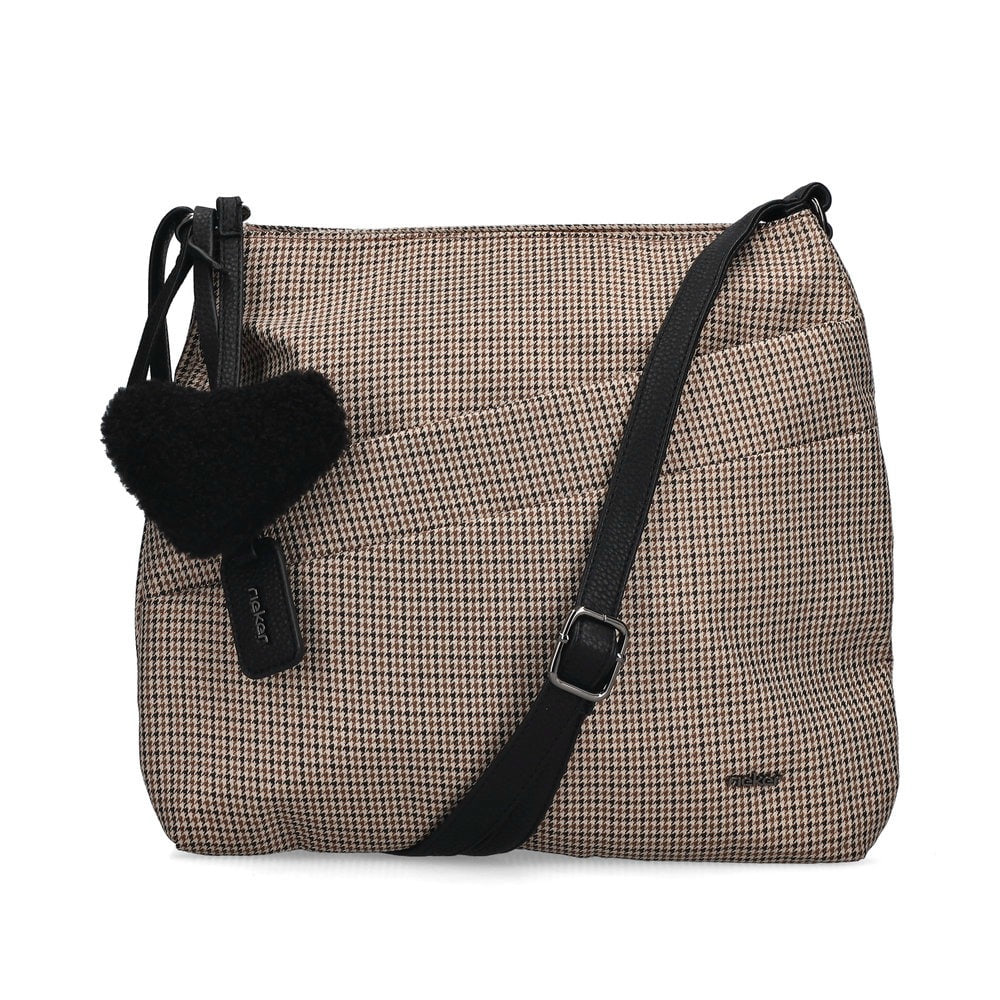 Sac bandoulière Rieker H1005-90 en beige avec fermeture éclair et pendentif en forme de cœur. Face avant.