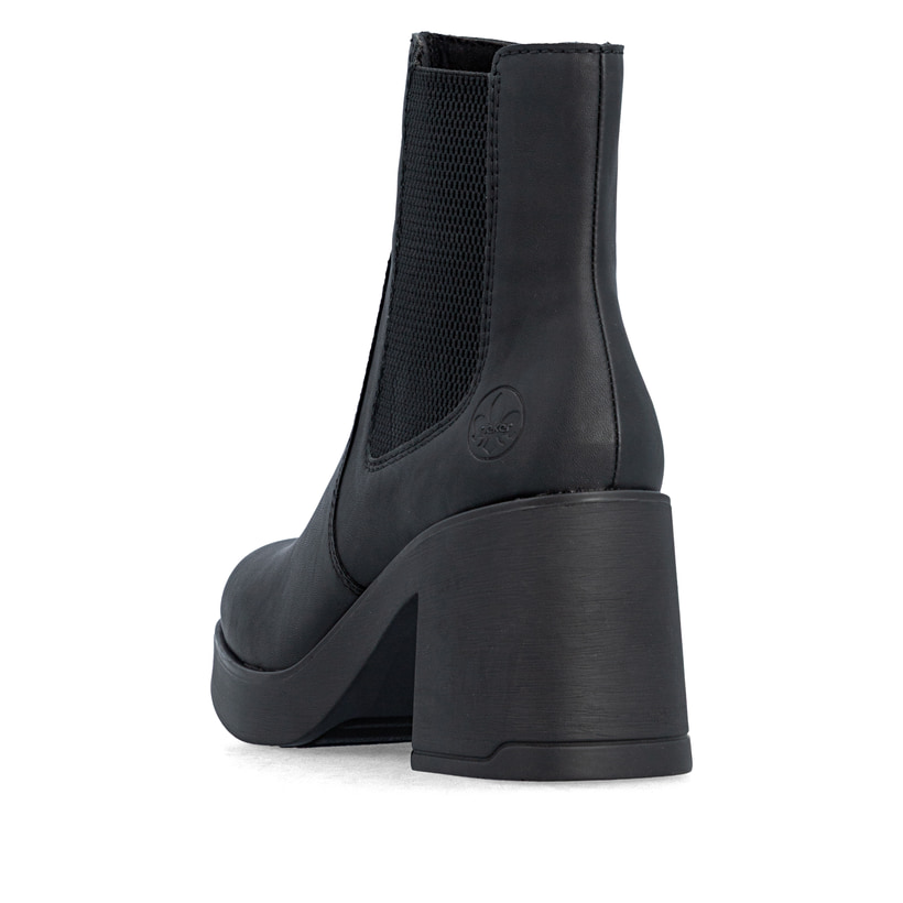 Schwarze Rieker Damen Chelsea Boots 58081-00 mit einem Reißverschluss. Schuh von hinten.