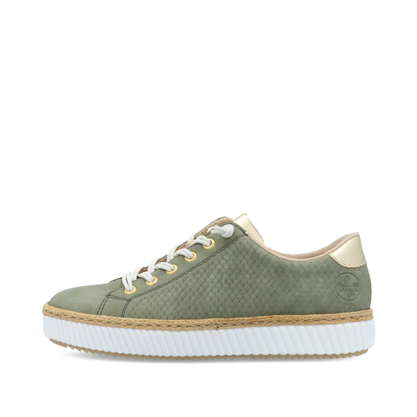 Grüne Rieker Damen Slipper M2952-52 mit Gummizug sowie gepolsterter Einlegesohle. Schuh Außenseite.
