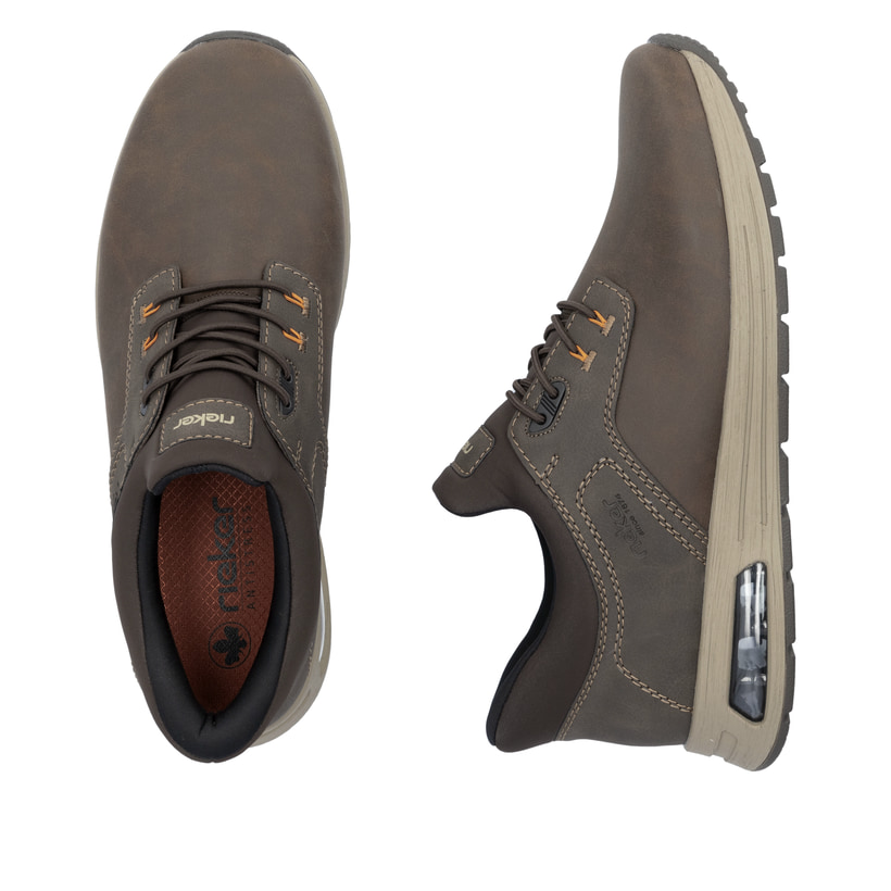 Espressobraune Rieker Herren Slipper B1051-25 mit dem Rieker Air Sohlendesign. Schuh von oben, liegend.