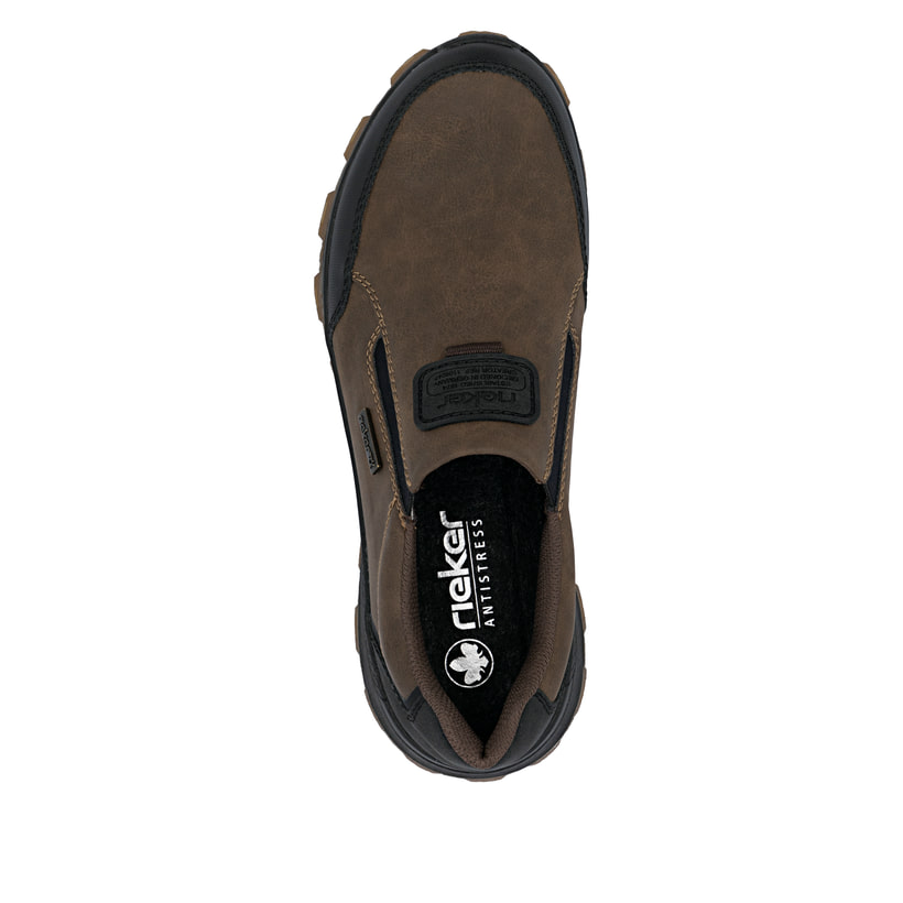 Braune Rieker Herren Slipper 35550-24 mit wasserabweisender RiekerTEX-Membran. Schuh von oben.