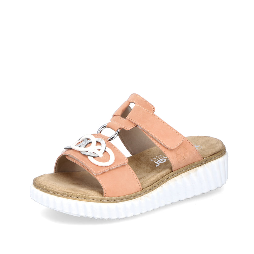Orangene Rieker Damen Pantoletten 63294-38 mit einem Klettverschluss. Schuh seitlich schräg.