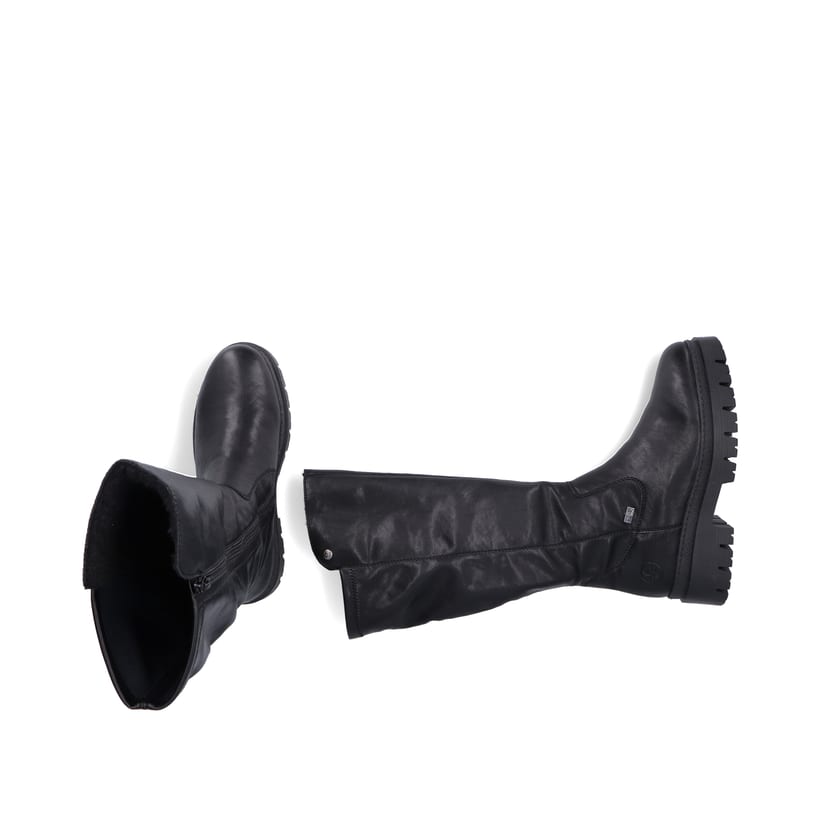 Schwarze Rieker Damen Hochschaftstiefel Z9490-00 mit einem Reißverschluss. Schuh von oben, liegend.