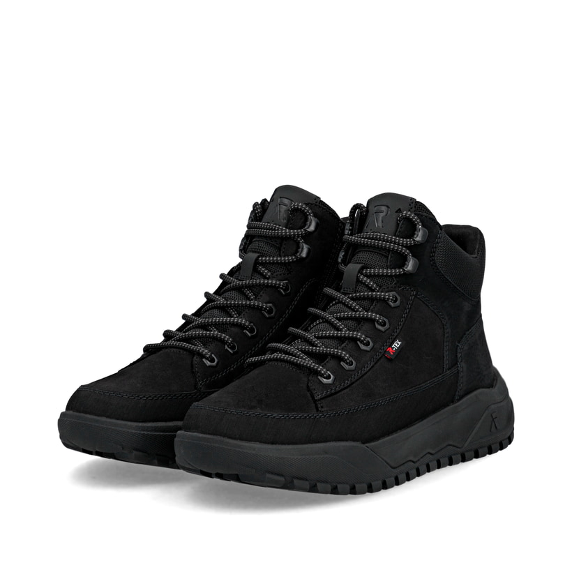 Schwarze Rieker Herren Schnürstiefel U1571-00 mit wasserabweisender TEX-Membran. Schuhpaar seitlich schräg.