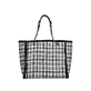 Rieker Shopper H1667-90 in Weiß-Schwarz mit verflochtener Kette, Fellrand, Reißverschluss und Handyfach. Rückseite.