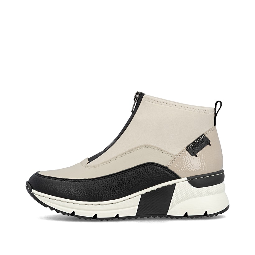 Baskets montantes Rieker beiges pour femme N6352-60 avec fermeture éclair. Côté extérieur de la chaussure.