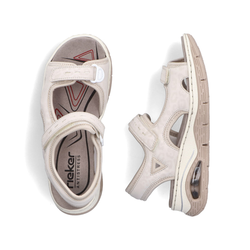 Beige vegane Rieker Damen Trekkingsandalen 67666-60 mit Rieker Air Sohlenfenster. Schuh von oben, liegend.