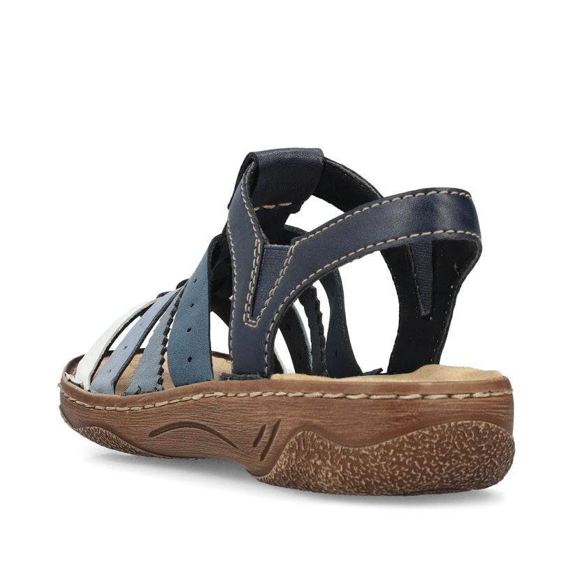 Blaue Rieker Damen Riemchensandalen V2875-90 mit einem Gummizug. Schuh von hinten.
