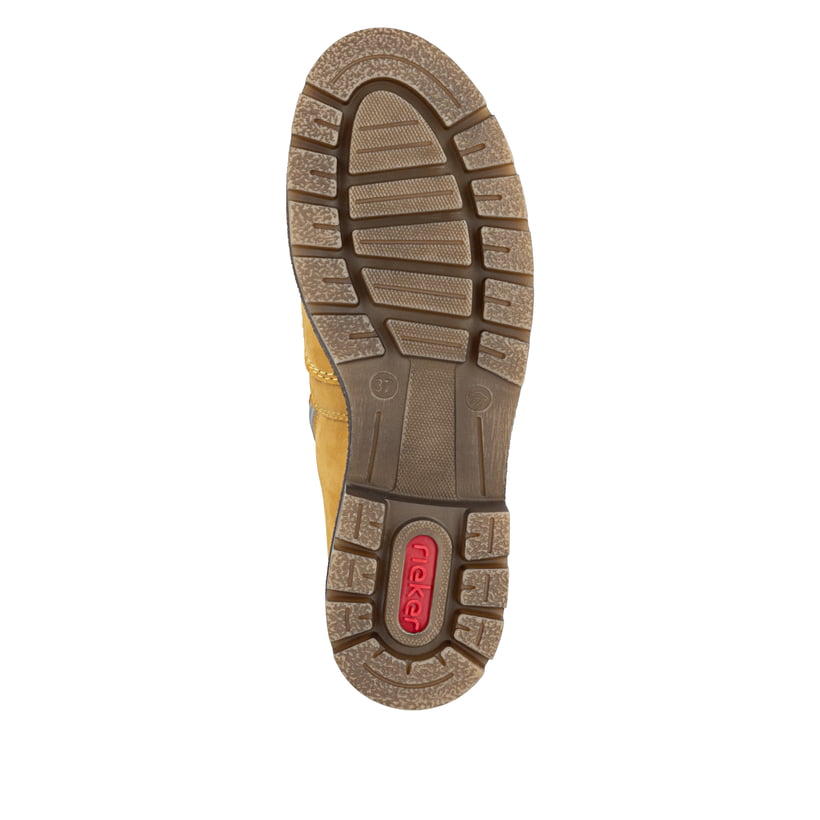 Ockerfarbene Rieker Damen Schnürstiefel Y8130-68 aus Rauleder. Schuh Laufsohle.