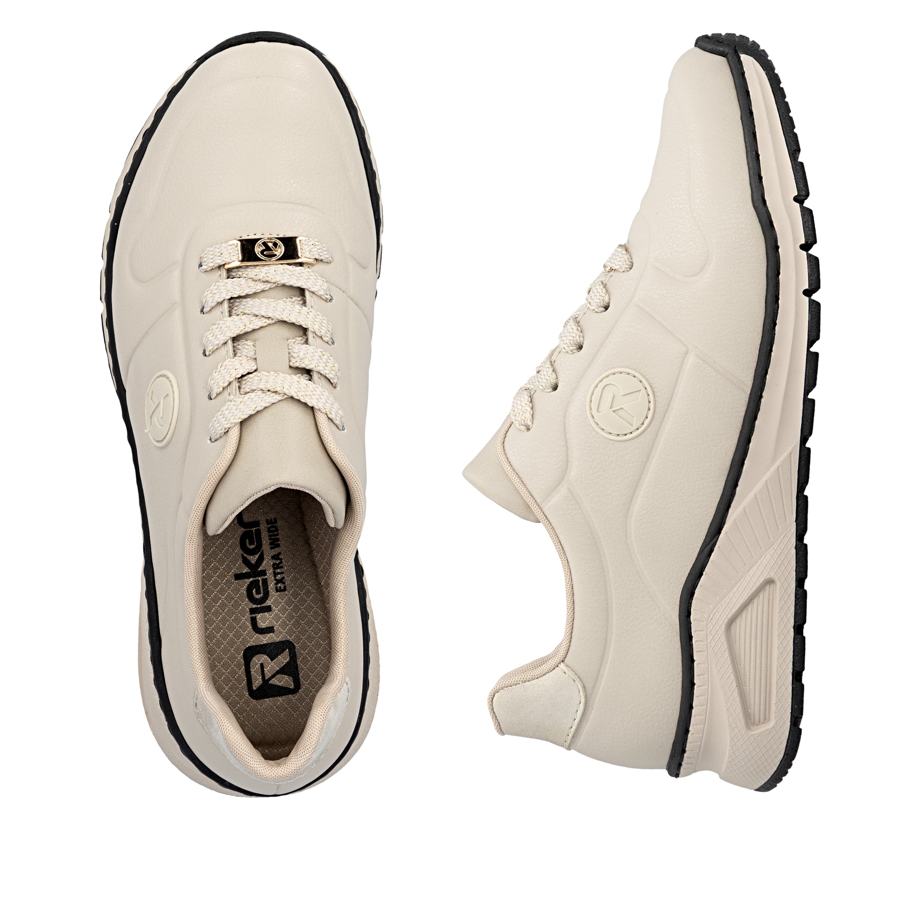 Beige Rieker Damen Sneaker Low M4903-61 aus Glattleder mit einer Schnürung. Schuh von oben, liegend.