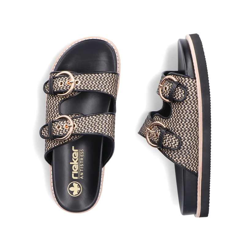 Schwarze Rieker Damen Pantoletten V9584-00 mit Schnallen sowie leichter Sohle. Schuh von oben, liegend.