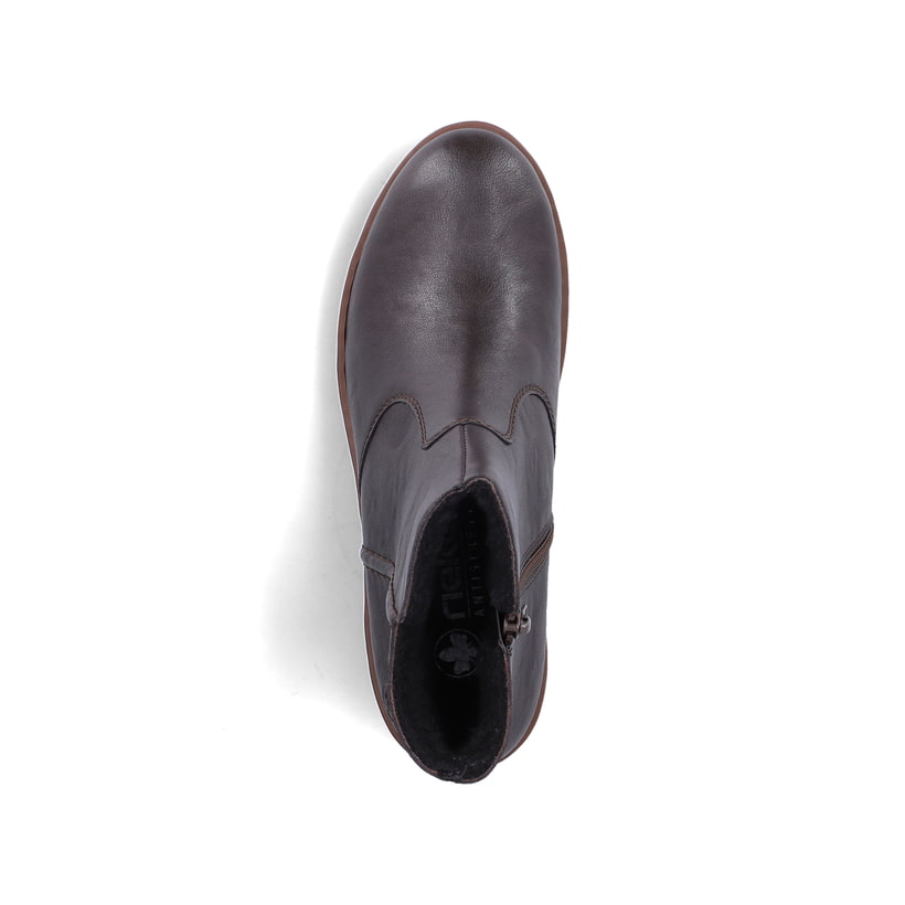 Dunkelbraune Rieker Damen Kurzstiefel X9165-25 mit einem Reißverschluss. Schuh von oben.
