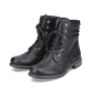 
Asphaltschwarze Rieker Damen Schnürstiefel 71218-00 mit einer leichten Sohle. Schuhpaar schräg.