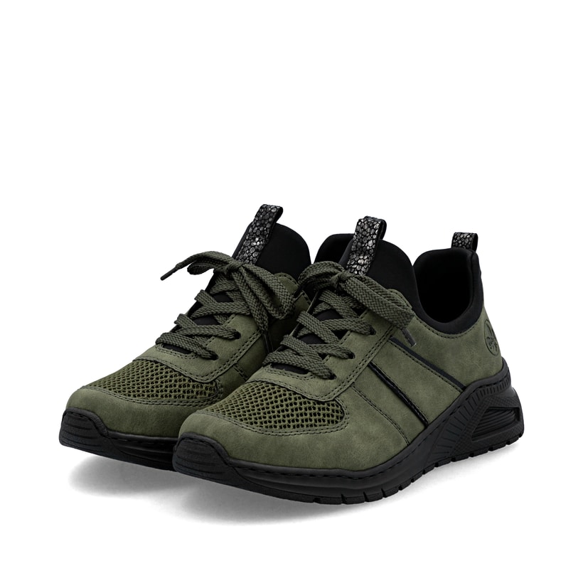 Mocassins Rieker verts pour femme M4970-54 avec bande élastique. Chaussures inclinées sur le côté.