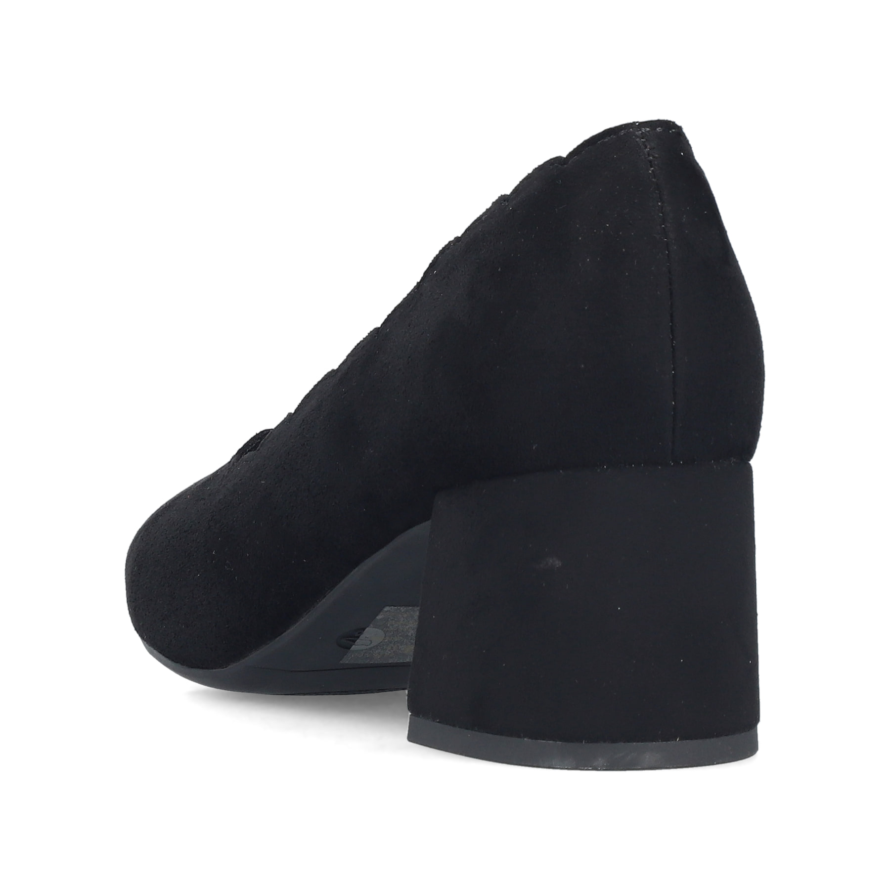 Schwarze Rieker Pumps 44767-00 mit einer griffigen Sohle. Schuh von hinten.