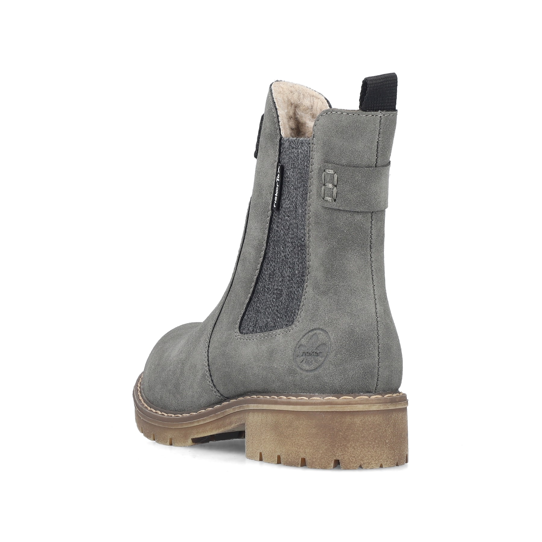 Dunkelgraue Rieker Damen Chelsea Boots Y9160-45 mit einem Reißverschluss. Schuh von hinten.