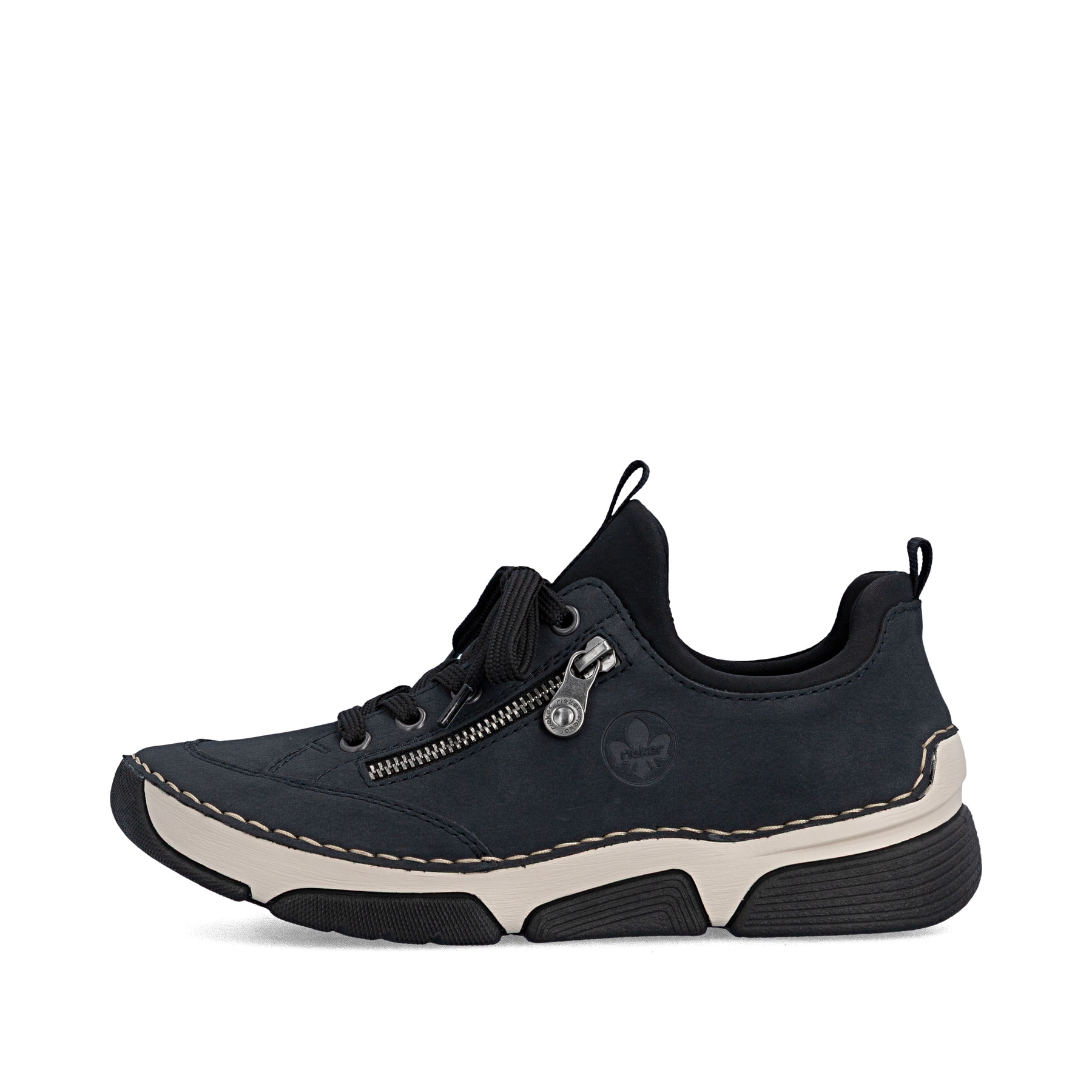 Dunkelblaue Rieker Damen Slipper 45973-17 mit Deko-Reißverschluss sowie Gummizug. Schuh Außenseite.